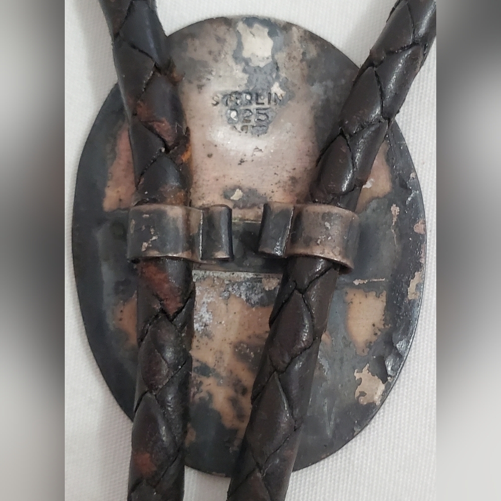 Vintage Native American Sterling Silver Abalone & Leather Bolo Tie - Picture 11 of 13